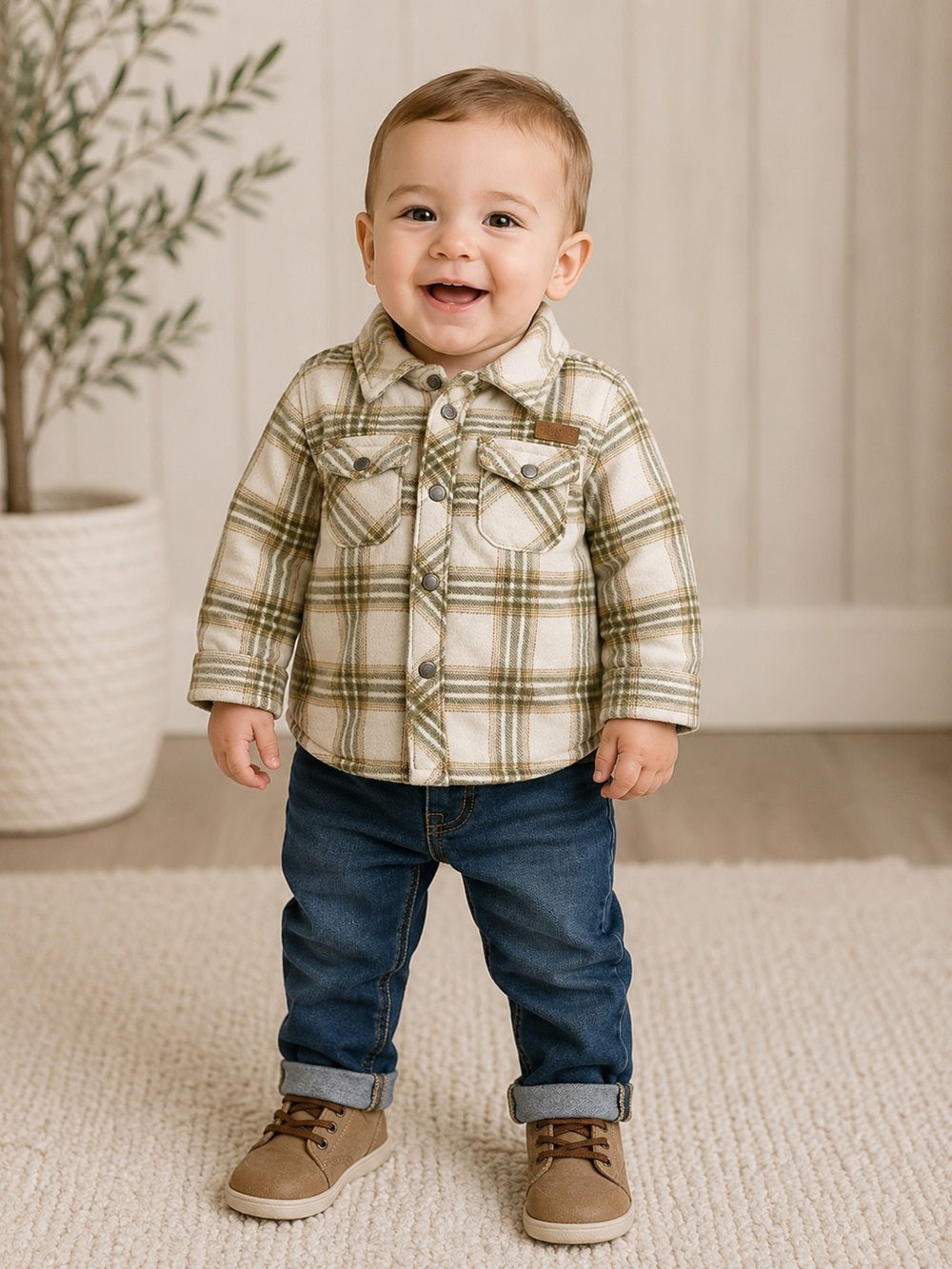 Eddie Bauer Cream & Olive Plaid Kids Button-Down Jacket  size 12 months Boys